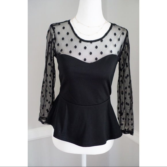 Black Mesh Polka Dot Fairy Peplum Top - Picture 2 of 7